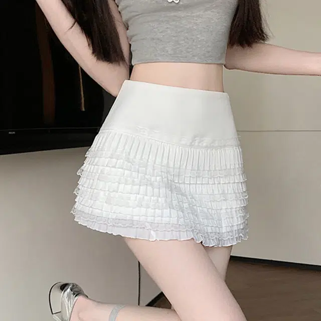 水中花 高腰显瘦褶皱花边蕾丝百搭层次感荷叶边休闲短裙 女款