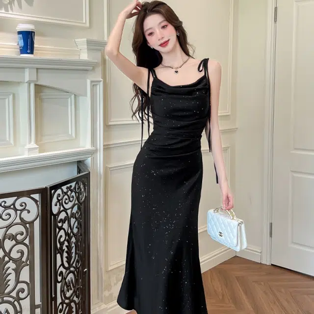 水中花 法式高级缎面收腰显瘦气质礼服长裙吊带连衣裙 女款