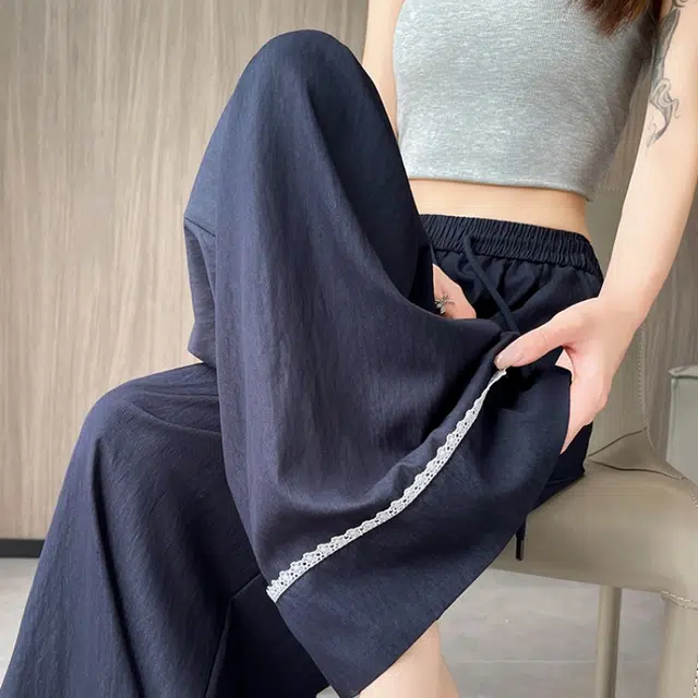 水中花 法式百搭时尚高腰显瘦阔腿垂感蕾丝拼接宽松休闲裤 女款