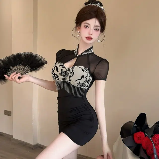 水中花 新中式拼接修身立领短袖连衣裙 女款
