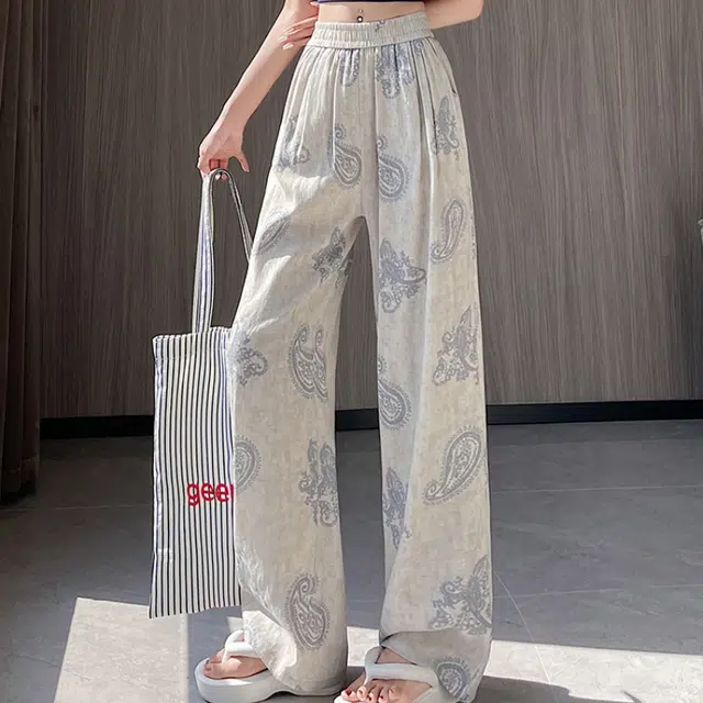 水中花 复古时尚印花图案高腰设计阔腿垂坠遮肉显瘦休闲裤 女款