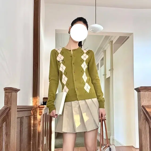 水中花 菱形格子纯羊毛开衫单排扣长袖针织衫 男女同款 绿色