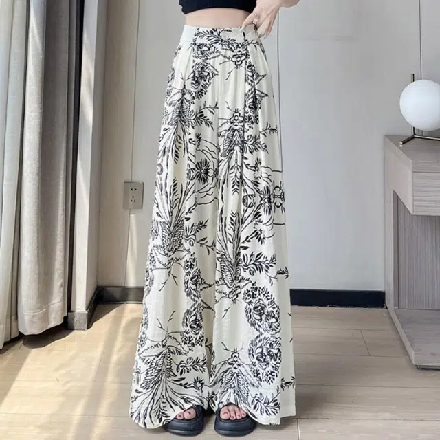 水中花 复古时尚慵懒风碎花高腰阔腿宽松显瘦垂感百搭休闲裤 女款