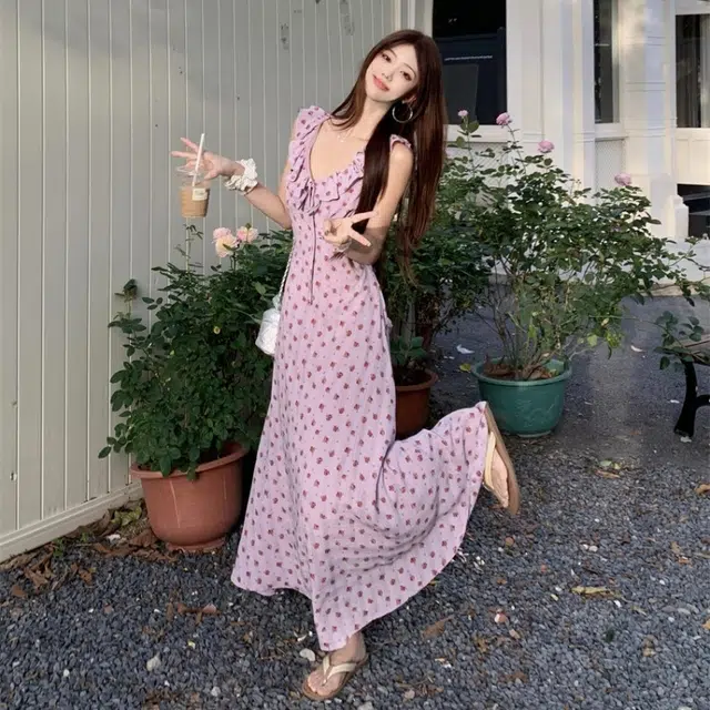 水中花 碎花显瘦舒适百搭短袖连衣裙 女款