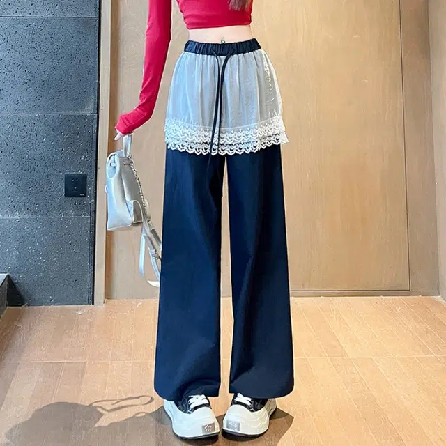 水中花 高腰显瘦蕾丝拼接阔腿垂感宽松时尚百搭长裤休闲裤 女款