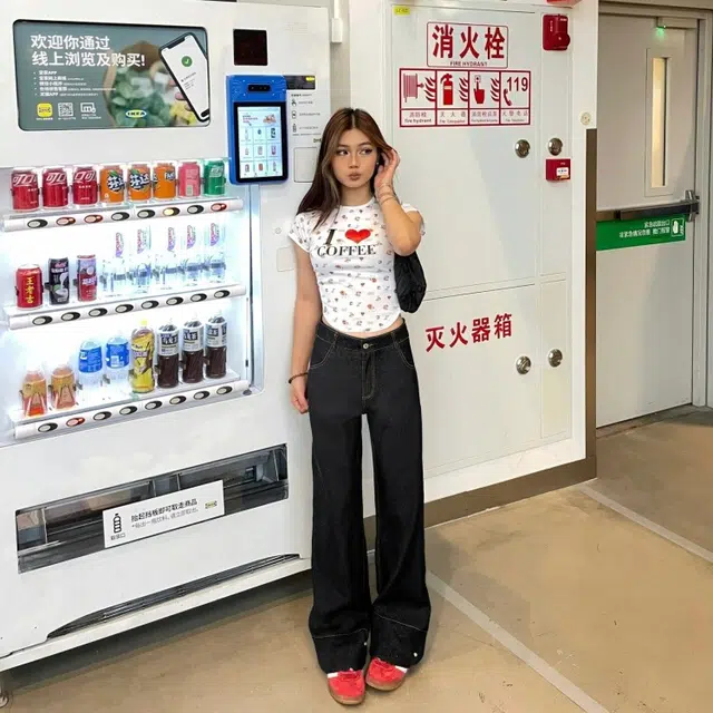水中花 翻边阔腿宽松显瘦长裤牛仔裤 男女同款 黑色