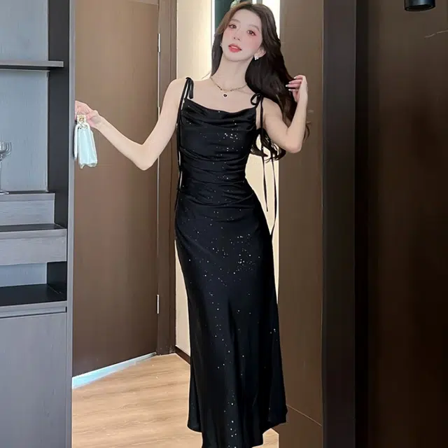 水中花 法式高级缎面收腰显瘦气质礼服长裙吊带连衣裙 女款