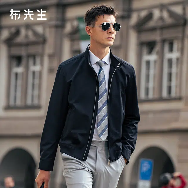 布先生 纯色复古英伦风立领上衣隐形插袋速干长袖夹克外套 男款