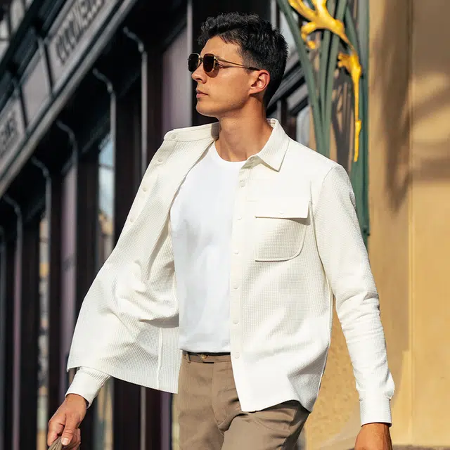 布先生 纯色设计感衬衫式夹克华夫格肌理长袖外套 男款