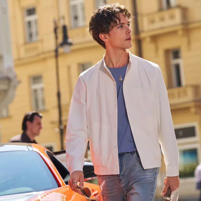 布先生 轻薄单排扣立领纯色正肩简约休闲风长袖夹克外套 男款