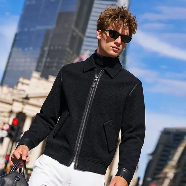 布先生 轻奢美丽诺羊毛宽松真皮拼接青春活力风长袖夹克外套 男款