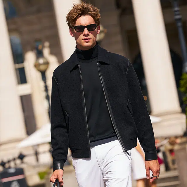 布先生 轻奢美丽诺羊毛宽松真皮拼接青春活力风长袖夹克外套 男款