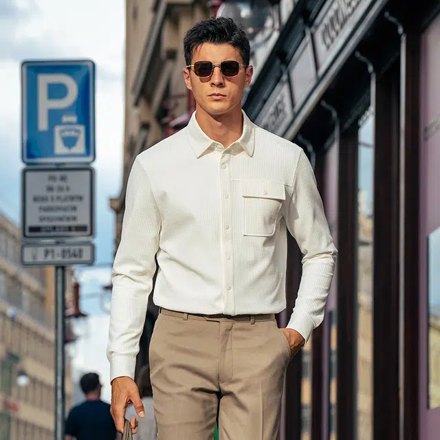 布先生 纯色设计感衬衫式夹克华夫格肌理长袖外套 男款