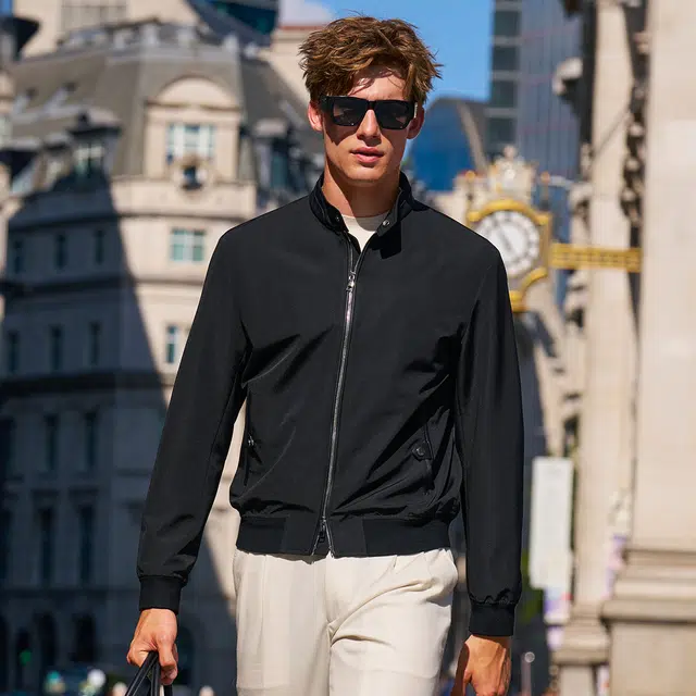 布先生 纽扣立领纯色牛津布标准欧美风防污长袖夹克外套 男款