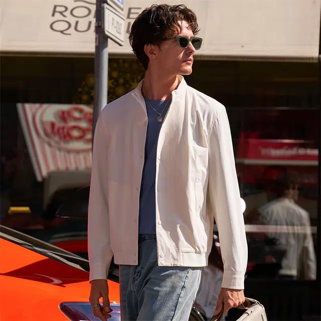 布先生 轻薄单排扣立领纯色正肩简约休闲风长袖夹克外套 男款