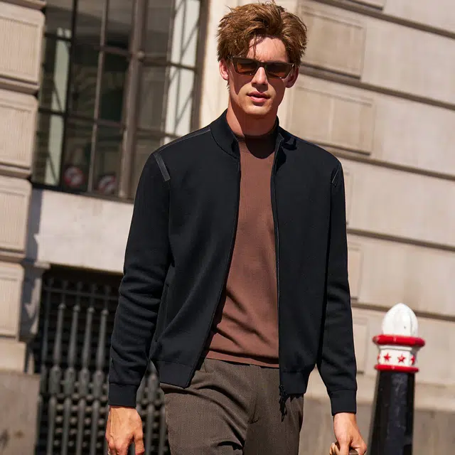 布先生 羊毛保暖真皮拼接纯色常规标准现代风夹克 男款