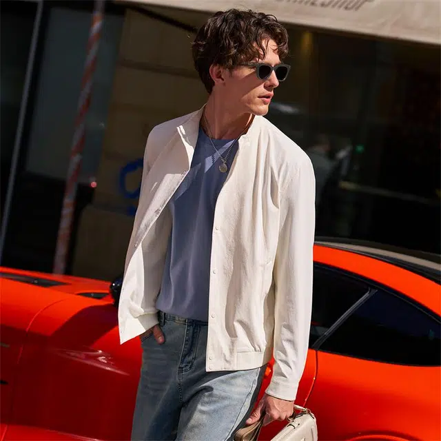 布先生 轻薄单排扣立领纯色正肩简约休闲风长袖夹克外套 男款