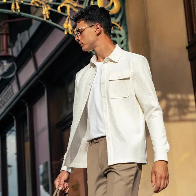 布先生 纯色设计感衬衫式夹克华夫格肌理长袖外套 男款