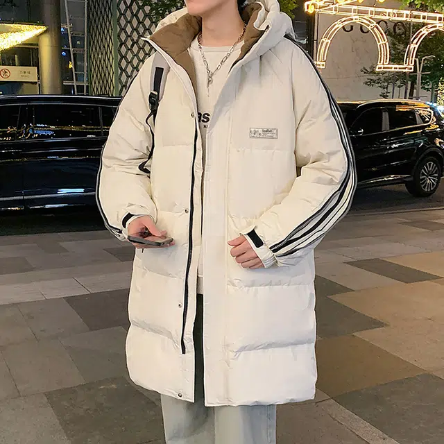 快鱼 美式高街复古个性百搭潮流休闲户外通勤纯色品牌宽松加厚保暖无性别主义穿搭连帽长款羽绒服 男女同款 白色