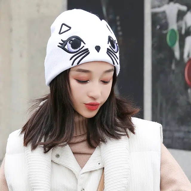 冠辉 可爱猫咪图案韩版时尚潮可爱猫咪保暖时尚可爱显脸小 毛线 绒线帽 男女同款情侣款