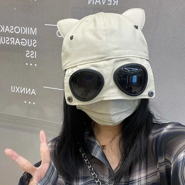 冠辉 韩系飞行员街头嘻哈风带墨镜可爱搞怪减龄猫耳朵大头围正反两戴个性款可爱搞怪减龄棒球遮阳帽 棉 鸭舌帽 男女同款情侣款