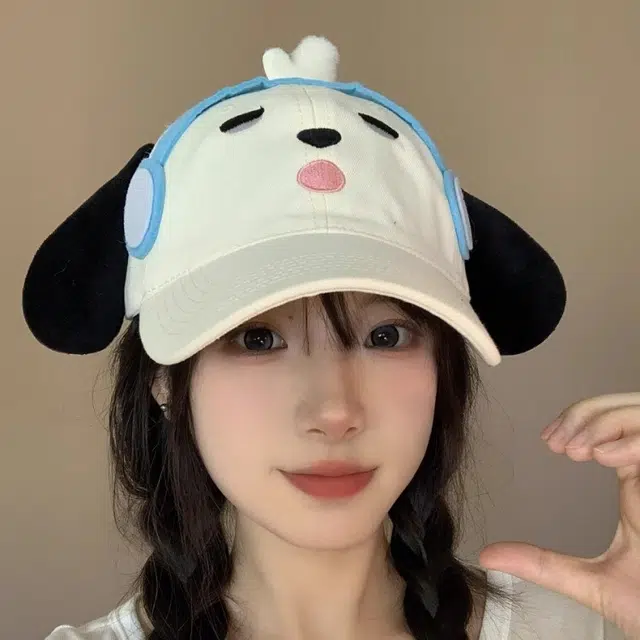 冠辉 可爱卡通立体耳机小狗宽帽檐大脸显脸小遮阳防晒帽二次元时尚甜美呆萌耳机小狗萌妹必备 棉 鸭舌帽 男女同款情侣款
