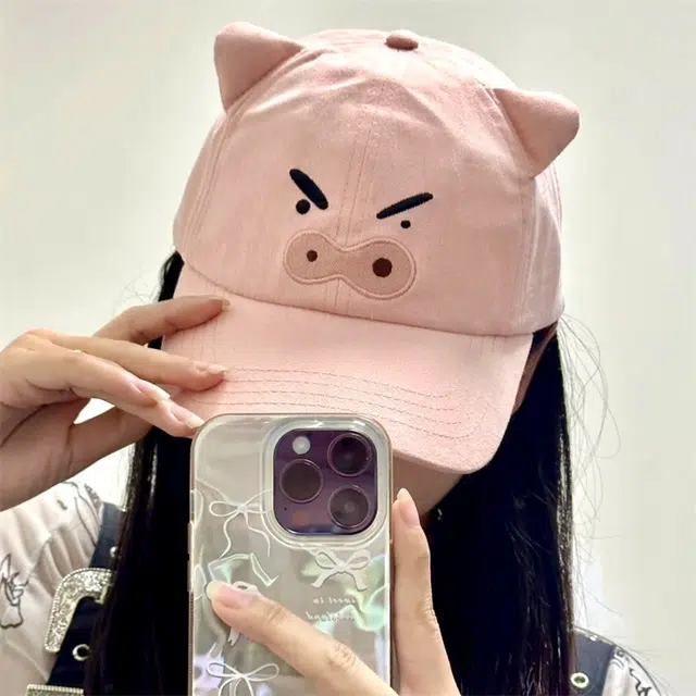冠辉 可爱搞怪小猪猪可爱卡通时尚潮流硬顶立体大脸显脸小遮阳防晒帽时尚百搭甜美呆萌 棉 鸭舌帽 男女同款情侣款
