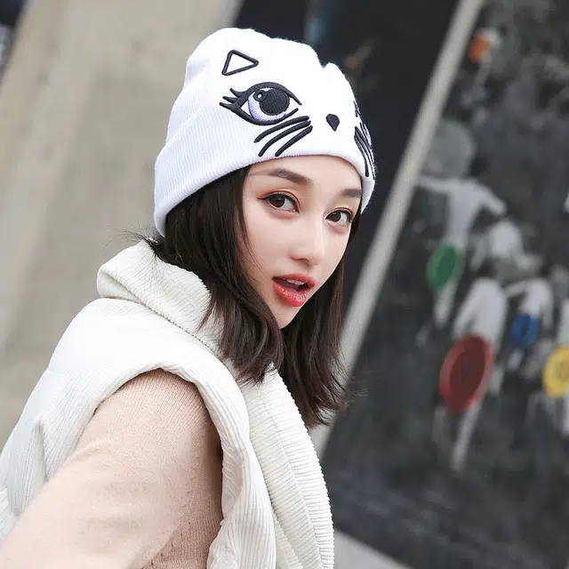 冠辉 可爱猫咪图案韩版时尚潮可爱猫咪保暖时尚可爱显脸小 毛线 绒线帽 男女同款情侣款
