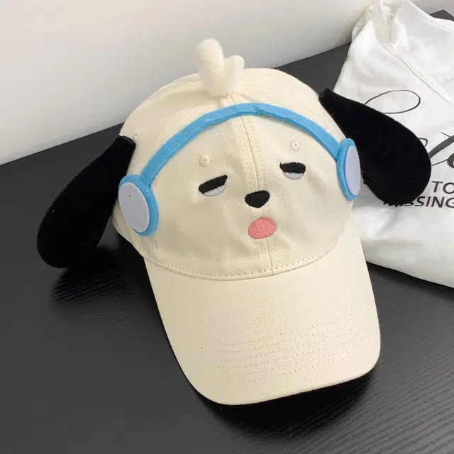 冠辉 可爱卡通立体耳机小狗宽帽檐大脸显脸小遮阳防晒帽二次元时尚甜美呆萌耳机小狗萌妹必备 棉 鸭舌帽 男女同款情侣款