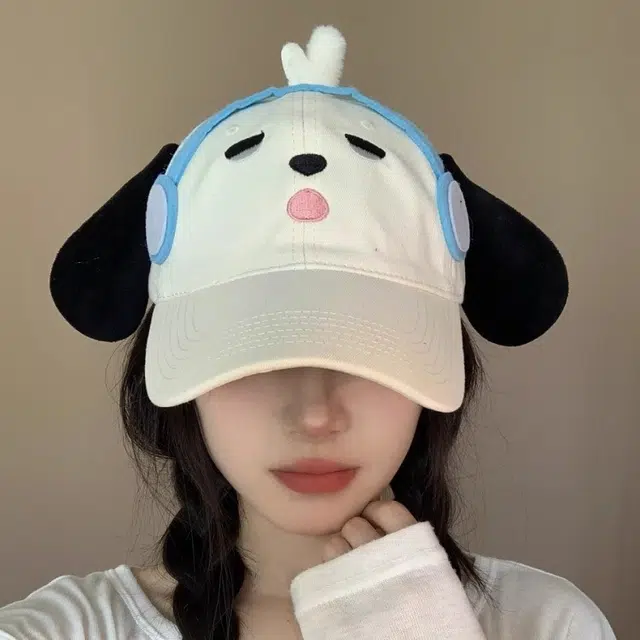 冠辉 可爱卡通立体耳机小狗宽帽檐大脸显脸小遮阳防晒帽二次元时尚甜美呆萌耳机小狗萌妹必备 棉 鸭舌帽 男女同款情侣款