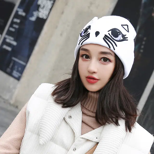 冠辉 可爱猫咪图案韩版时尚潮可爱猫咪保暖时尚可爱显脸小 毛线 绒线帽 男女同款情侣款