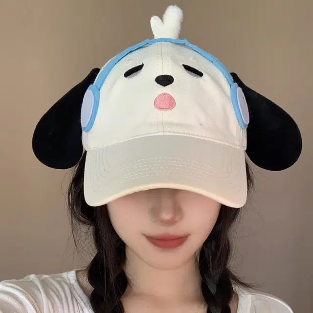 冠辉 可爱卡通立体耳机小狗宽帽檐大脸显脸小遮阳防晒帽二次元时尚甜美呆萌耳机小狗萌妹必备 棉 鸭舌帽 男女同款情侣款