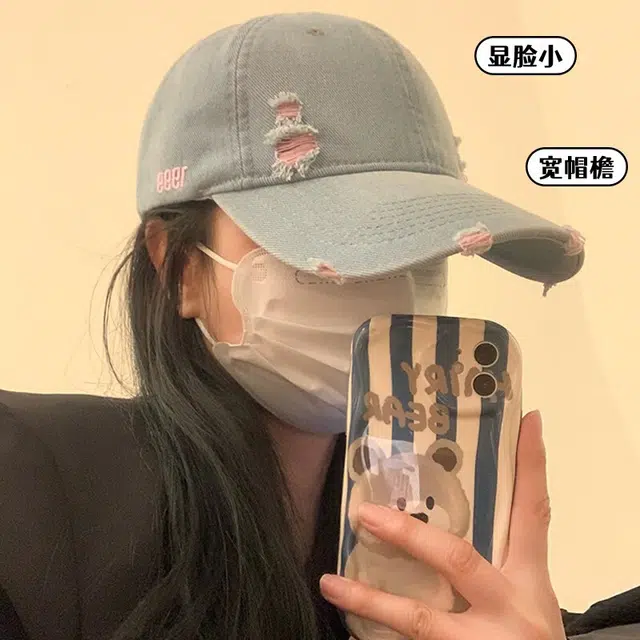 冠辉 欧美街头时尚破洞牛仔帽子女嘻哈刺绣潮流男棒球帽复古纯色个性时尚破洞做旧遮阳大头围显脸小 棉 鸭舌帽 男女同款情侣款