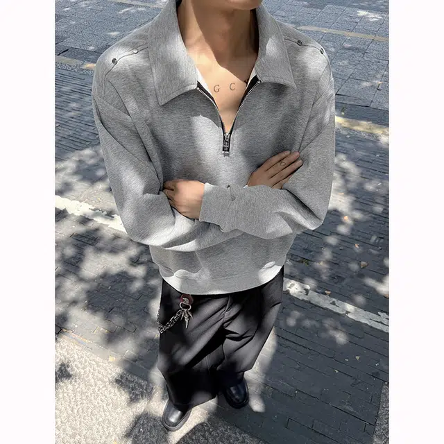 唐启 美式重磅半拉链卫衣潮牌痞帅高街小众设计感金属铆钉装饰翻领外套上衣 男女同款