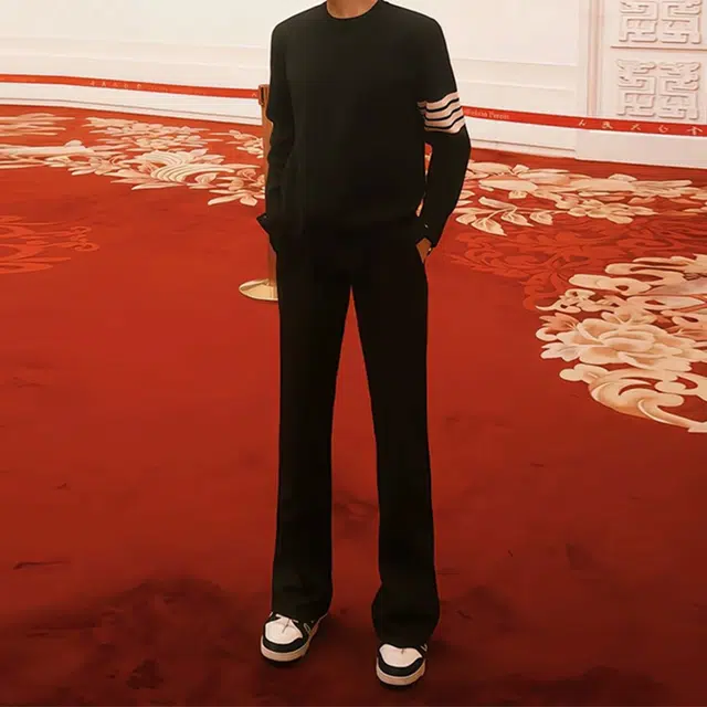 唐启 黑色美式高街微喇西裤痞帅高级感裤子直筒休闲裤西装裤 男女同款