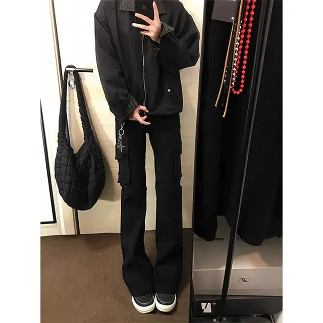 唐启 美式高街春秋季裤子修身窄版直筒微喇裤工装牛仔裤 男女同款