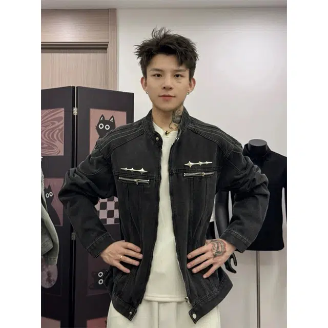 唐启 水洗做旧短款工装夹克春秋痞帅高级感美式复古垫肩牛仔外套 男女同款