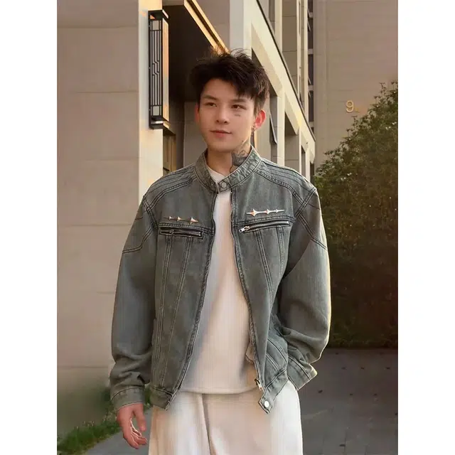 唐启 水洗做旧短款工装夹克春秋痞帅高级感美式复古垫肩牛仔外套 男女同款