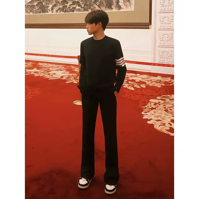 唐启 黑色美式高街微喇西裤痞帅高级感裤子直筒休闲裤西装裤 男女同款