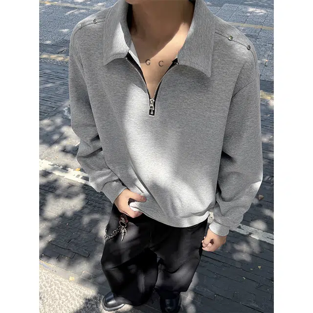 唐启 美式重磅半拉链卫衣潮牌痞帅高街小众设计感金属铆钉装饰翻领外套上衣 男女同款