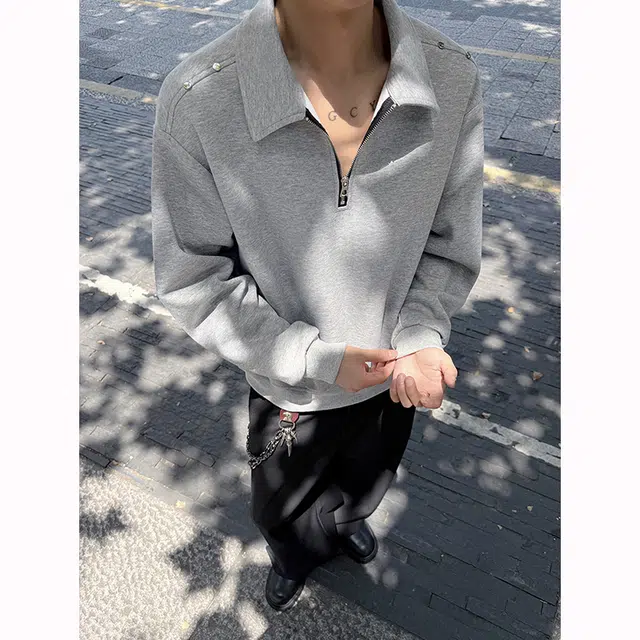 唐启 美式重磅半拉链卫衣潮牌痞帅高街小众设计感金属铆钉装饰翻领外套上衣 男女同款