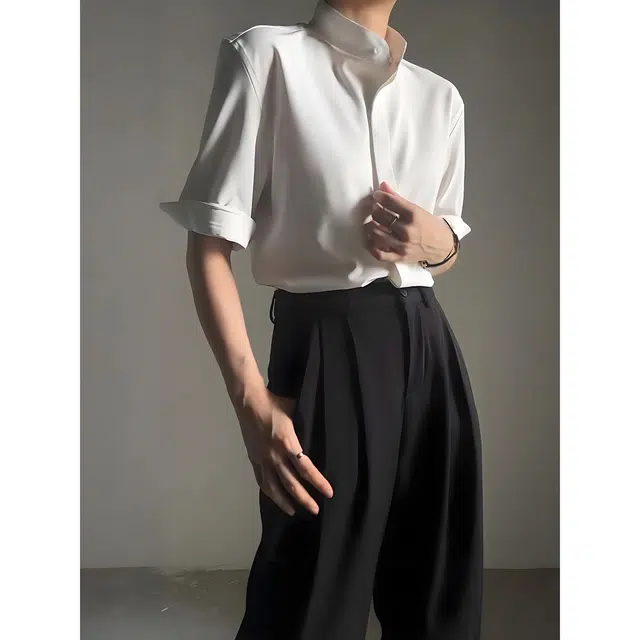 唐启 新中式轻熟风立领高级感修身短袖衬衫 男女同款