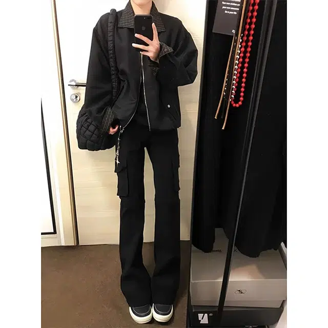 唐启 美式高街春秋季裤子修身窄版直筒微喇裤工装牛仔裤 男女同款