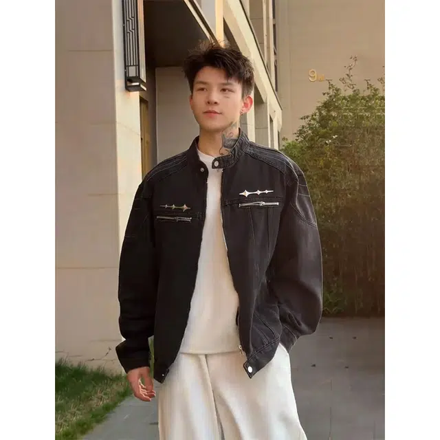 唐启 水洗做旧短款工装夹克春秋痞帅高级感美式复古垫肩牛仔外套 男女同款