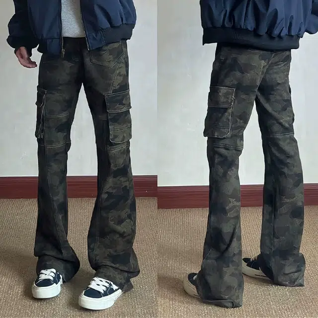 唐启 秋季修身直筒裤子高个子显腿长工装裤美式高街迷彩微喇牛仔裤 男女同款
