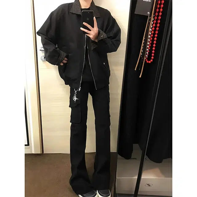 唐启 美式高街春秋季裤子修身窄版直筒微喇裤工装牛仔裤 男女同款