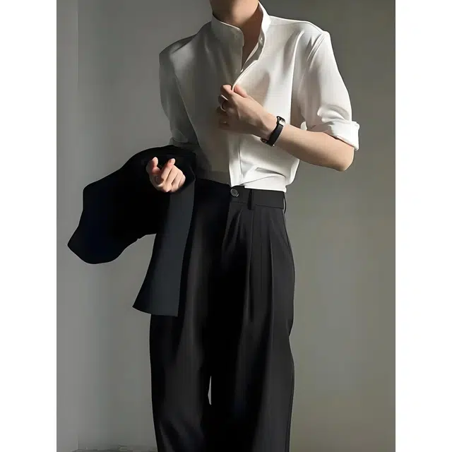 唐启 新中式轻熟风立领高级感修身短袖衬衫 男女同款