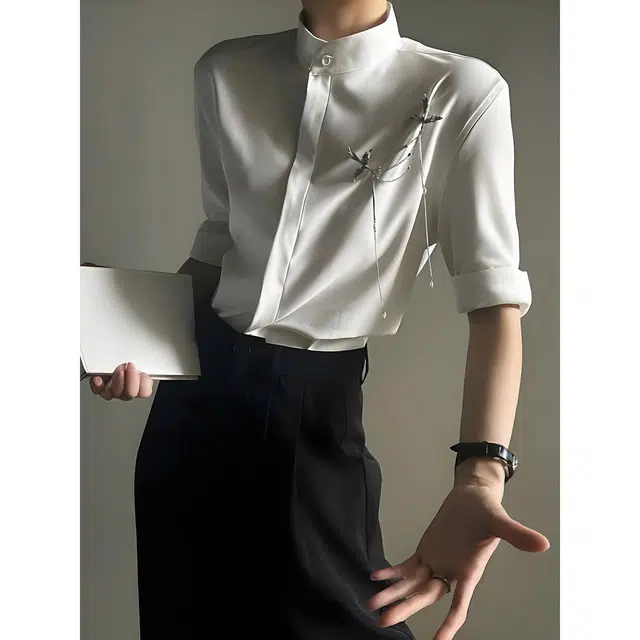 唐启 新中式轻熟风立领高级感修身短袖衬衫 男女同款