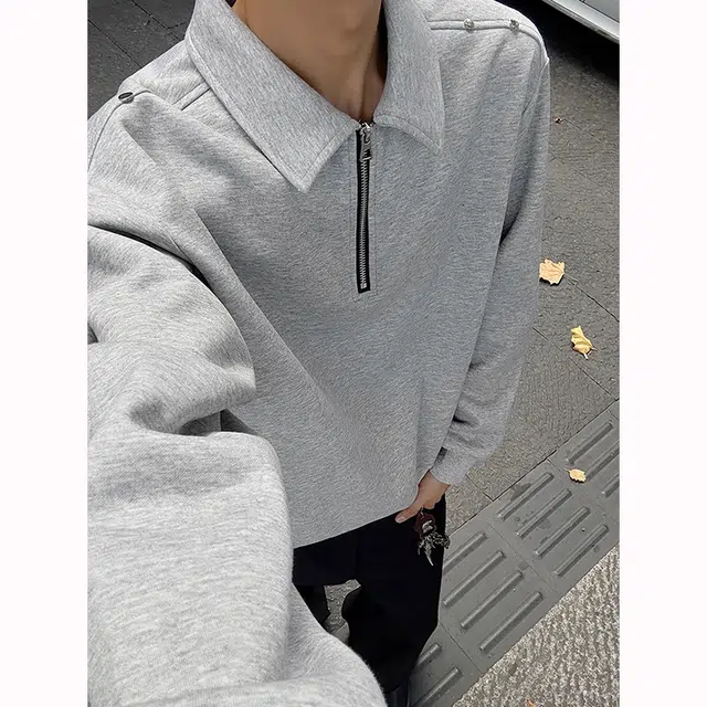 唐启 美式重磅半拉链卫衣潮牌痞帅高街小众设计感金属铆钉装饰翻领外套上衣 男女同款