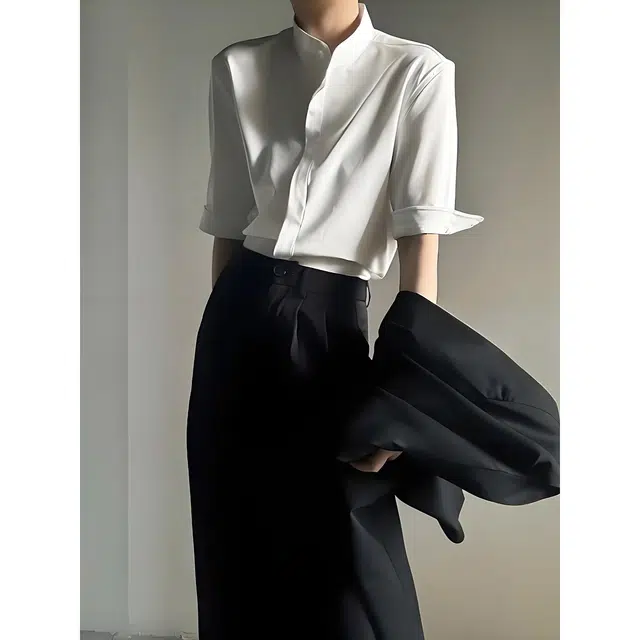 唐启 新中式轻熟风立领高级感修身短袖衬衫 男女同款